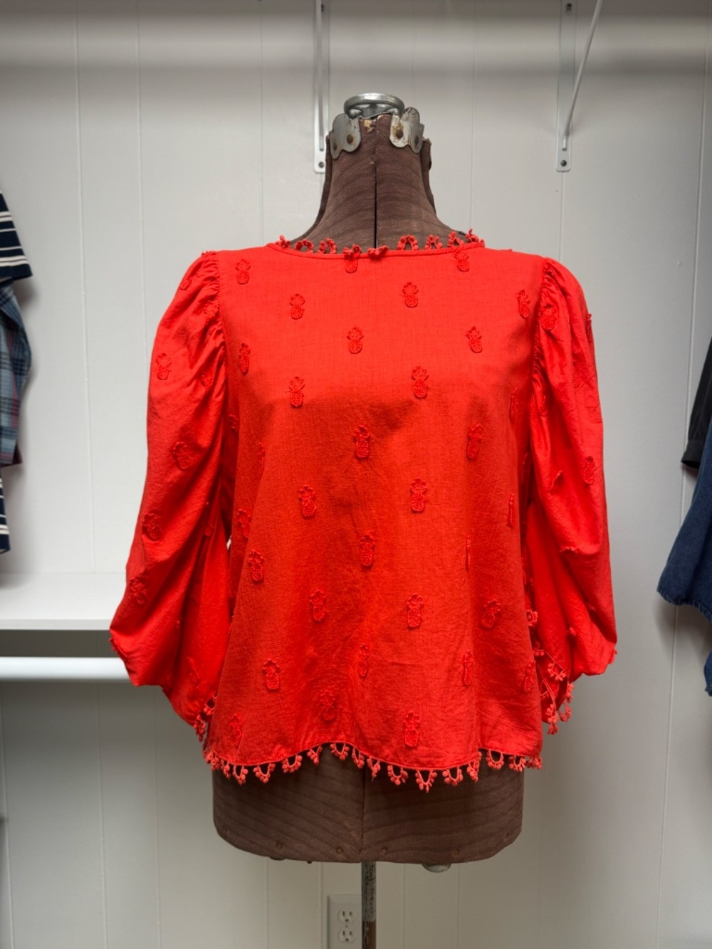 Farm Rio 3D Pineapple Puff Sleeve Blouse Red Size Large